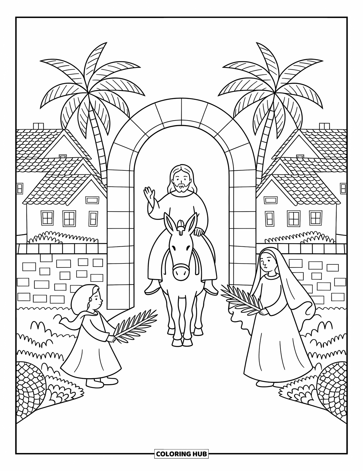 Christian Easter Coloring Page for Adults: Jesus enters a village on a donkey greeted by waving palm branches