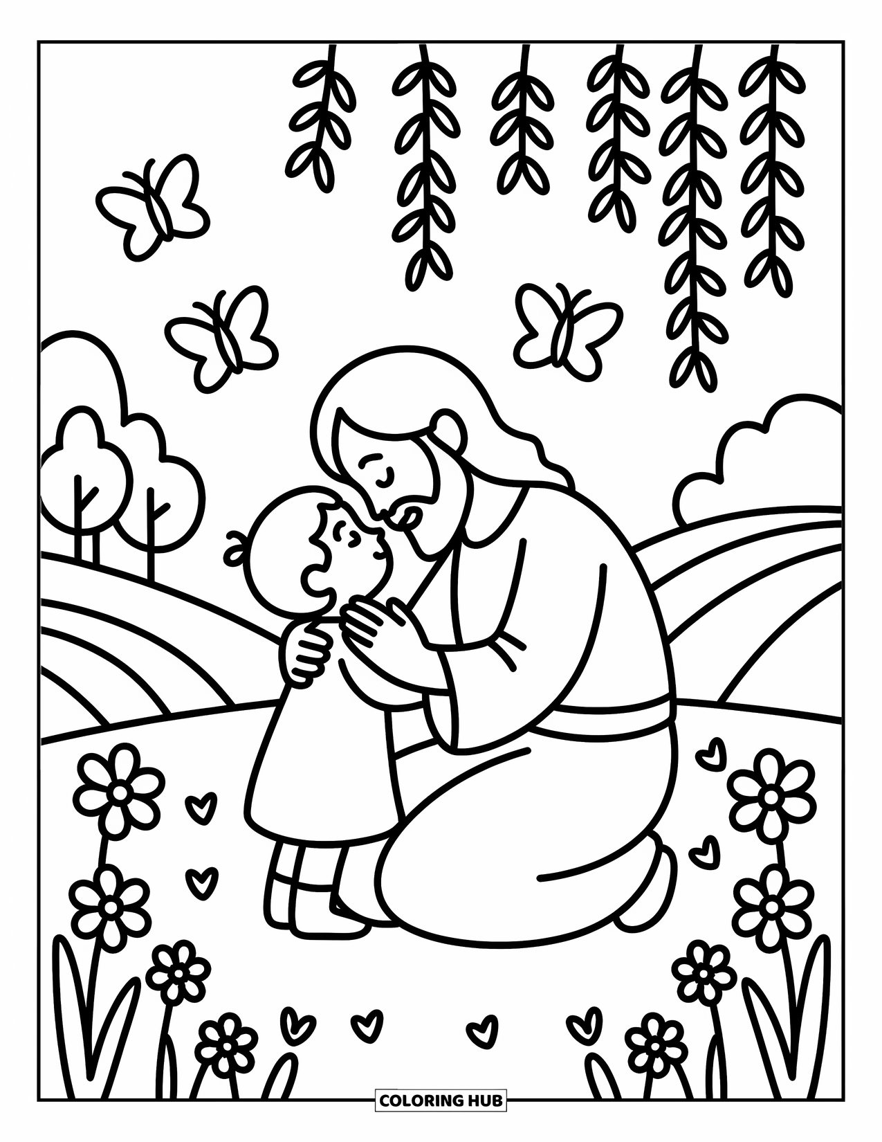 Christian Easter Coloring Page for Adults: Jesus lovingly embraces a small child surrounded by butterflies and flowers