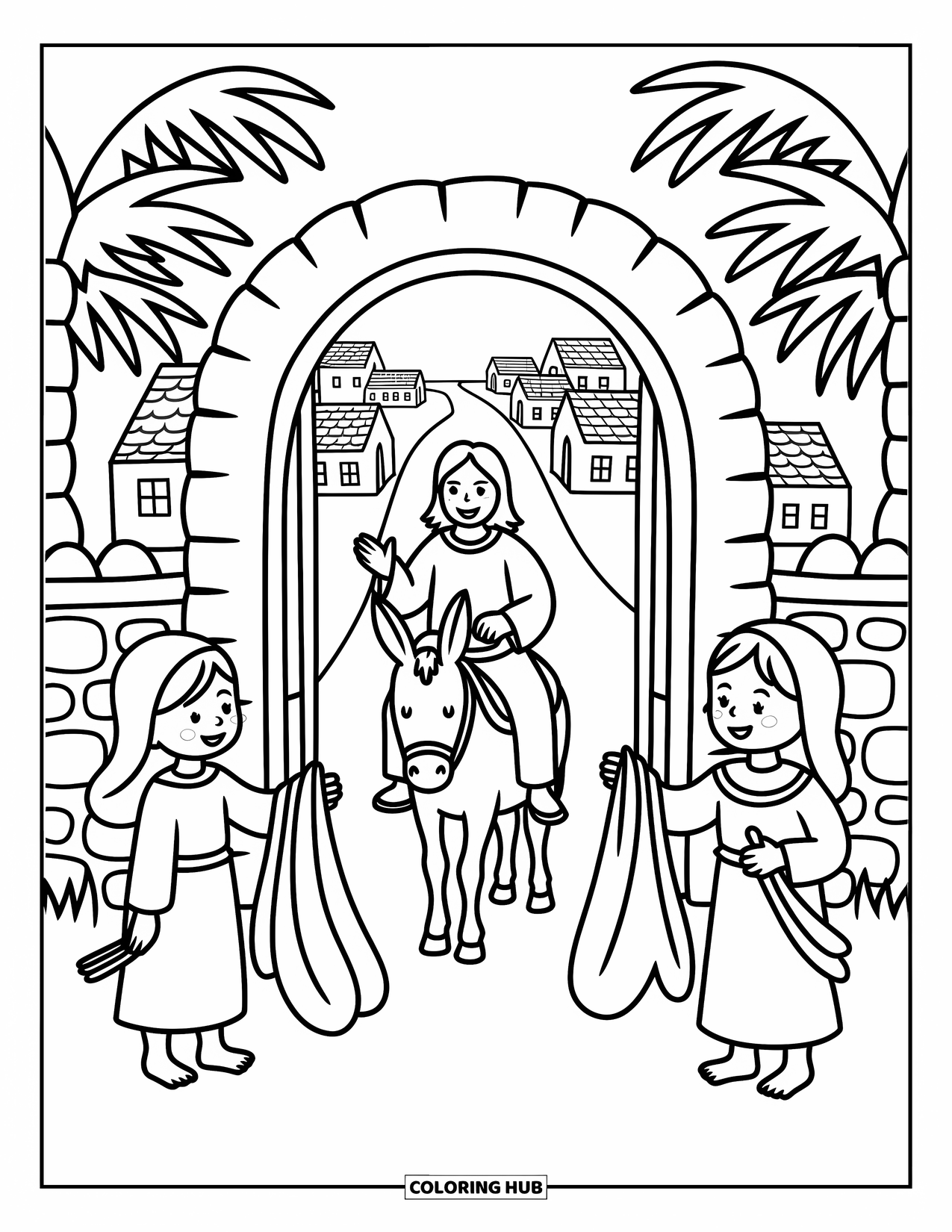 Christian Easter Coloring Page for Adults: Jesus rides a donkey through an archway lined with waving palms