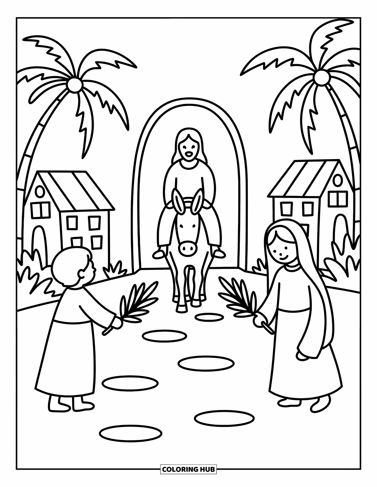 Christian Easter Coloring Page for Adults: Jesus rides through palm-lined streets as children and mothers rejoice