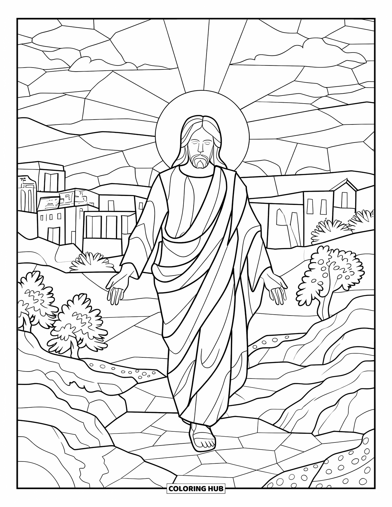 Christian Easter Coloring Page for Adults: Jesus walks from a radiant tomb in a detailed stained glass scene