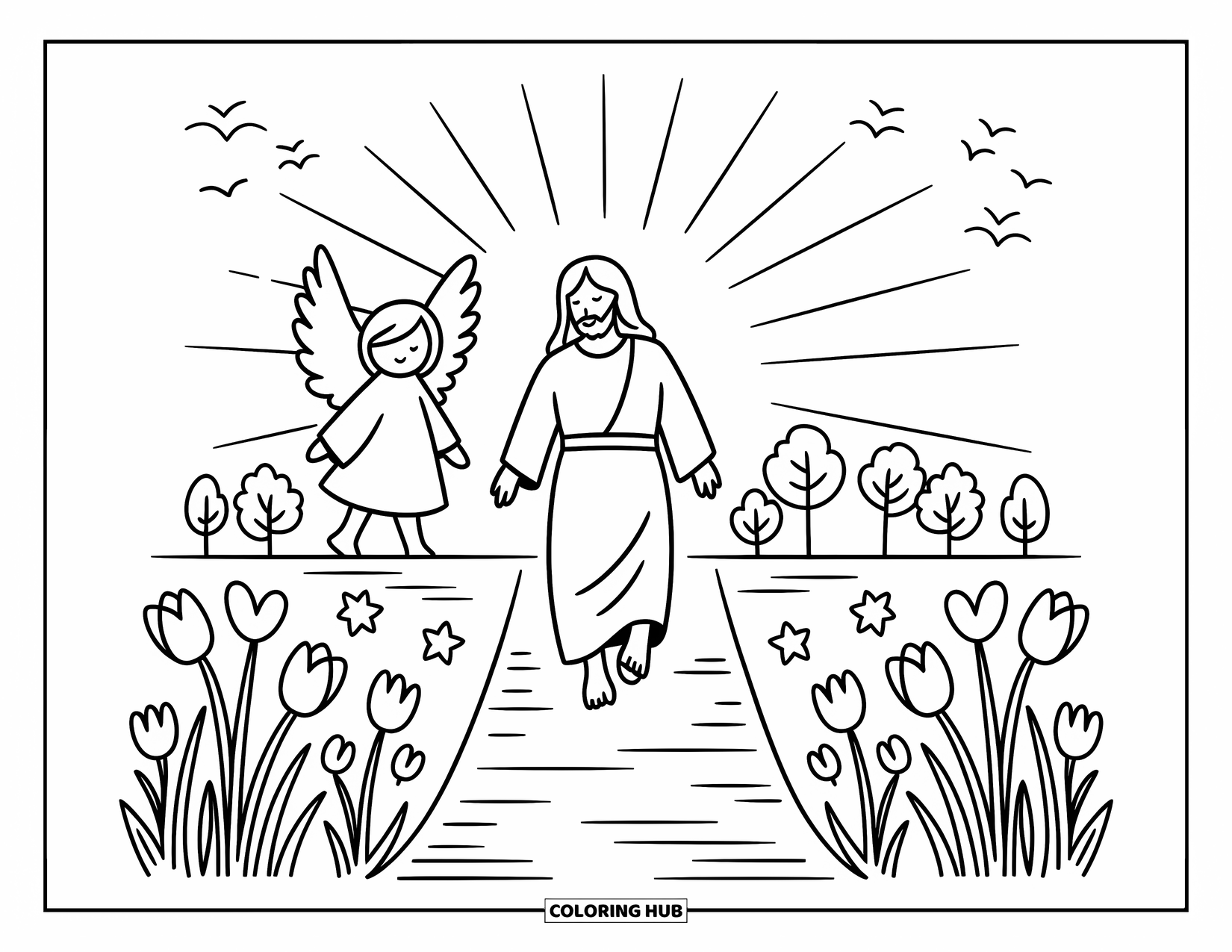 Christian Easter Coloring Page for Adults: Jesus walks from the tomb along a flowered path beneath soft morning light
