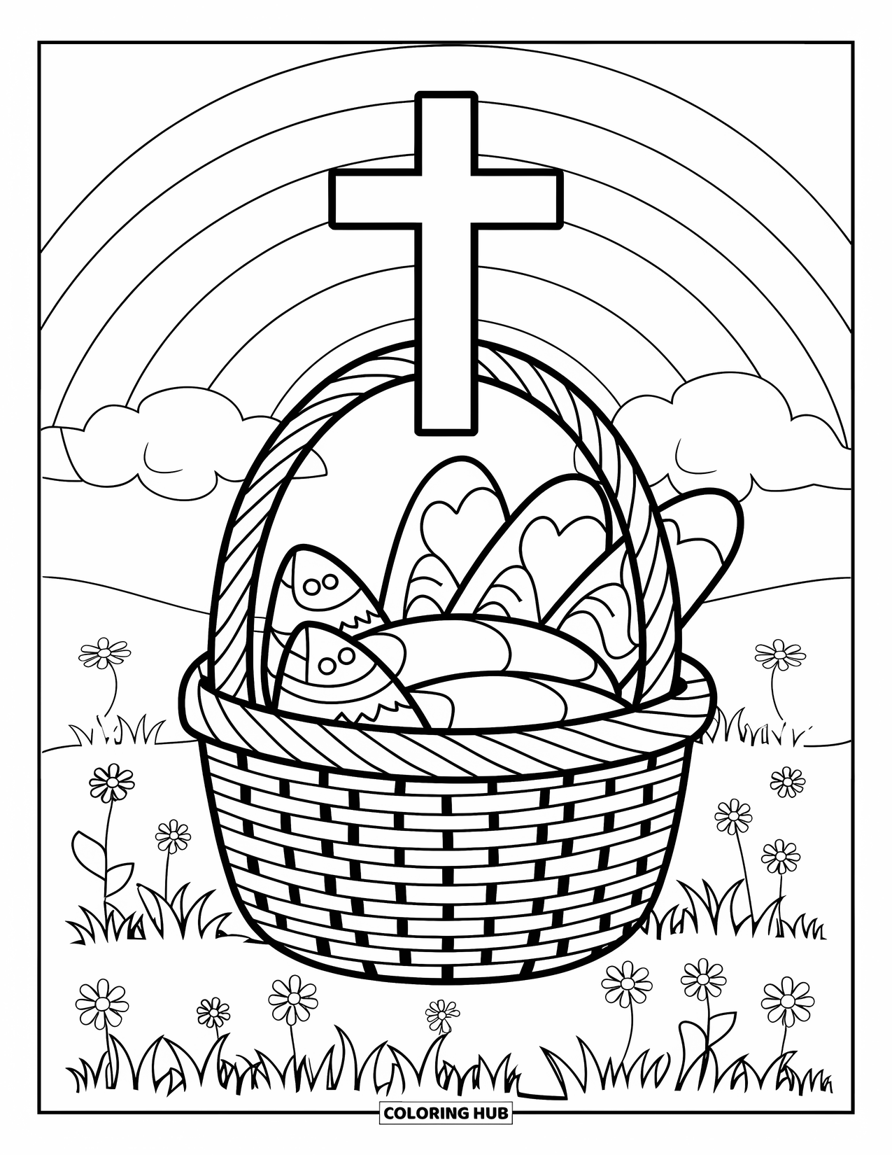 Christian Easter Coloring Page for Kids: A basket of bread and fish sits among flowers and clouds