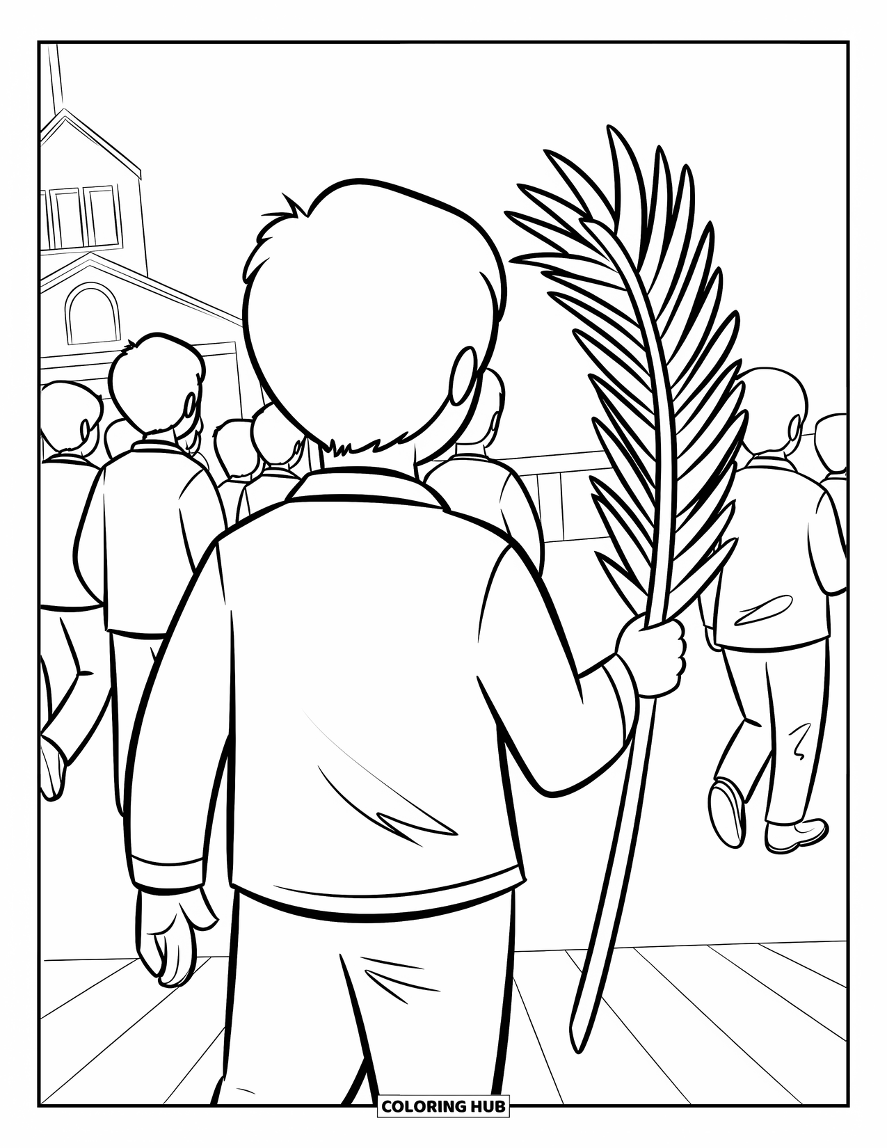 Christian Easter Coloring Page for Kids: A boy carries a palm branch toward a church steeple
