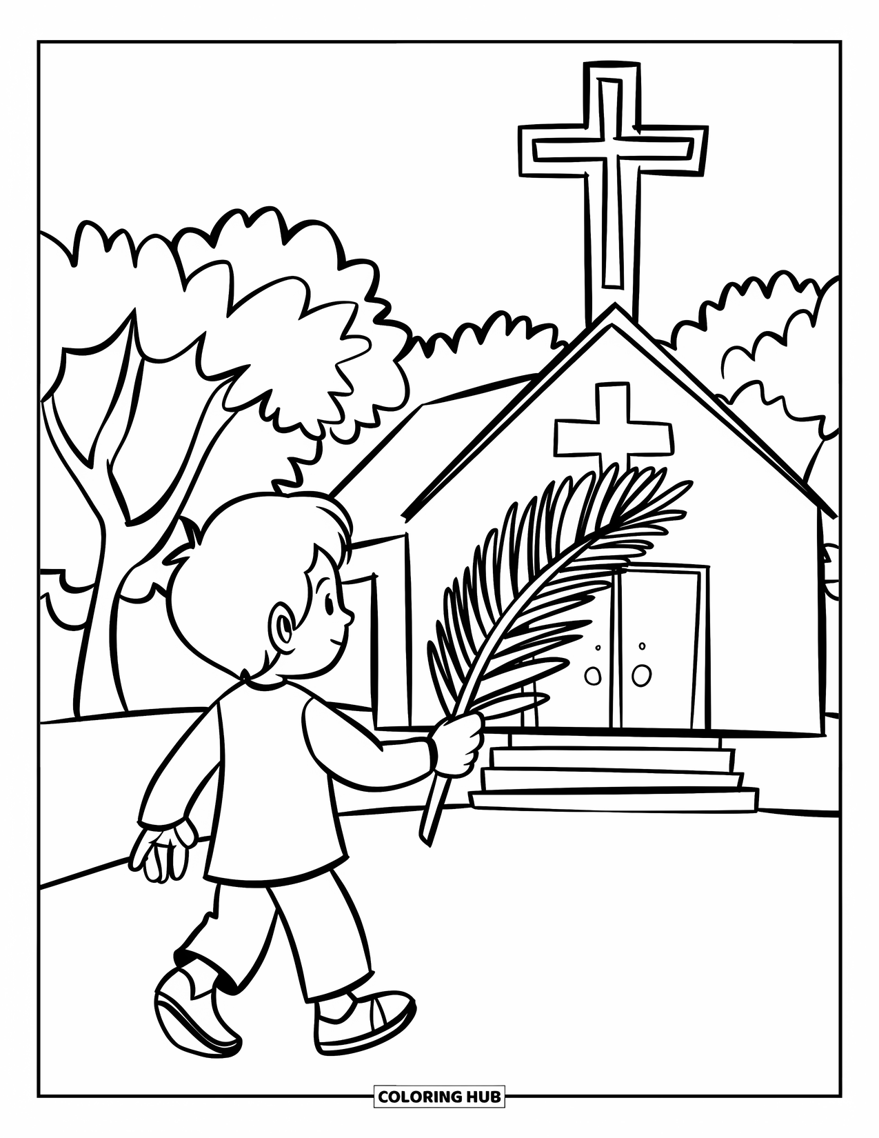 Christian Easter Coloring Page for Kids: A boy walks toward a church holding a palm branch
