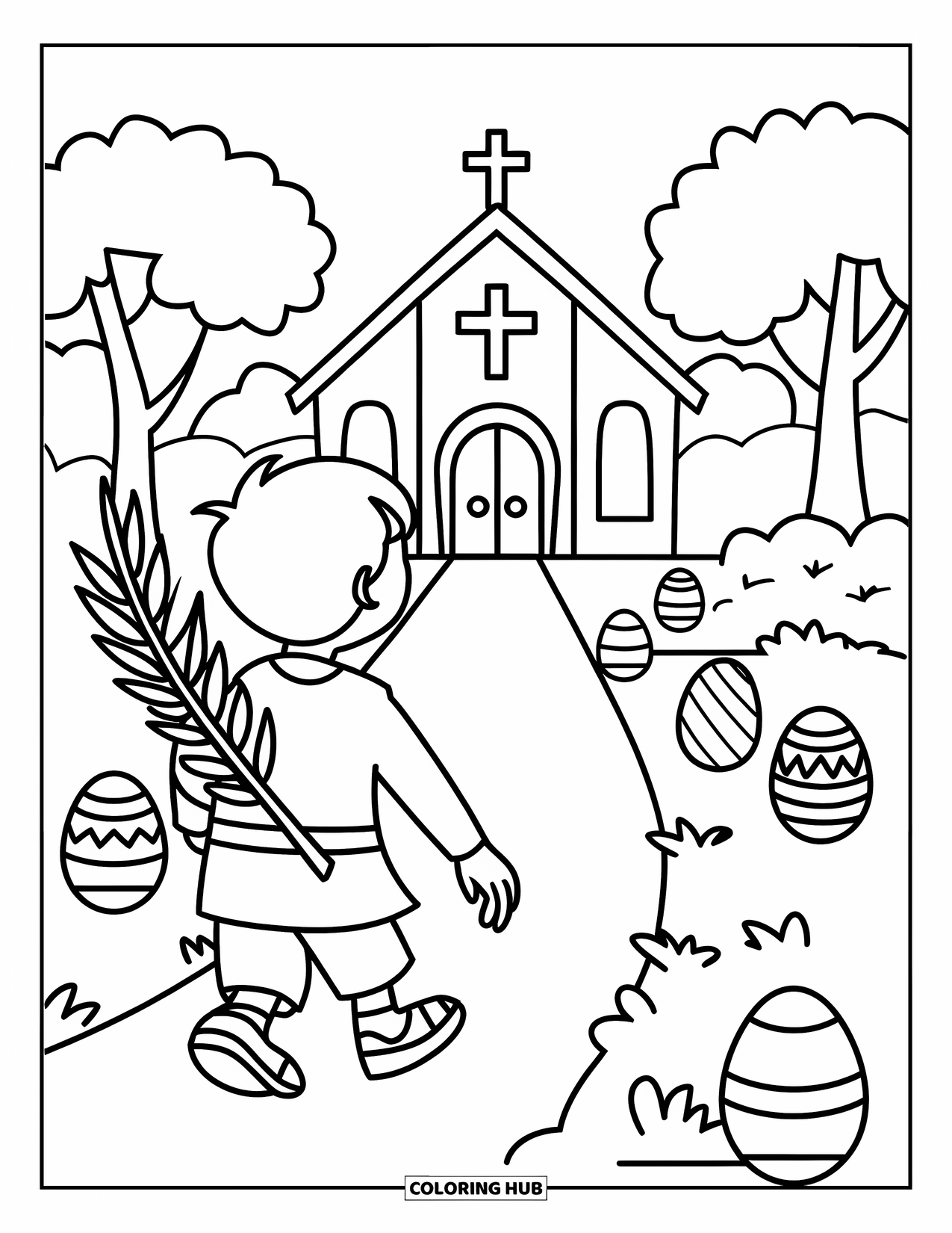 Christian Easter Coloring Page for Kids: A boy with a palm branch walks along a path to church
