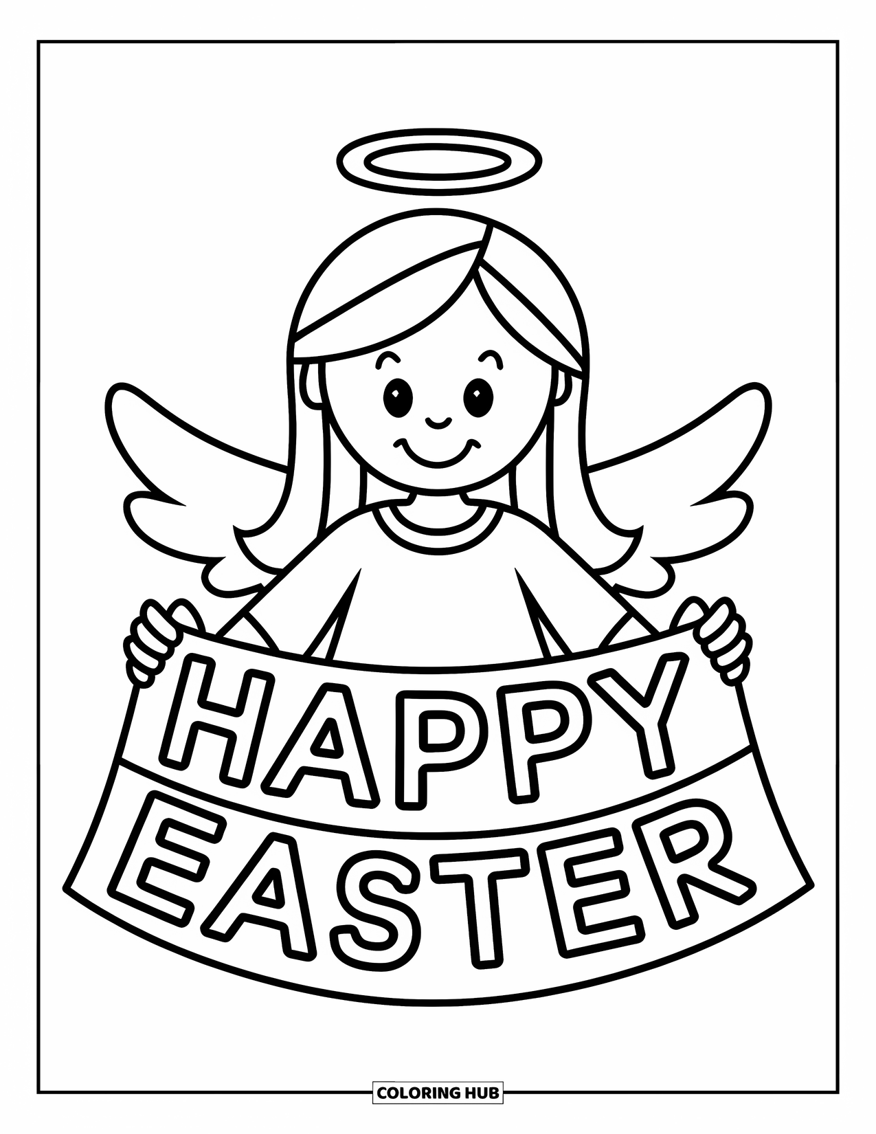 Christian Easter Coloring Page for Kids: A cheerful angel holds a "Happy Easter" sign with a halo