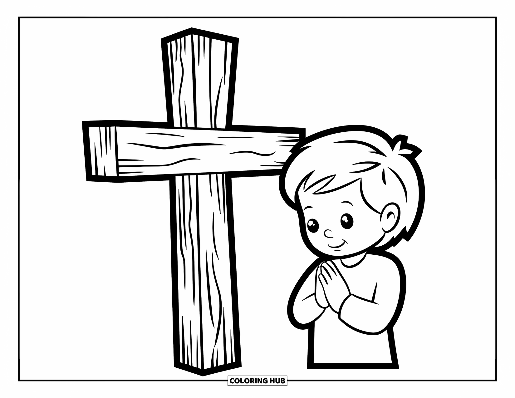Christian Easter Coloring Page for Kids: A child prays beside a cross under a clear sky