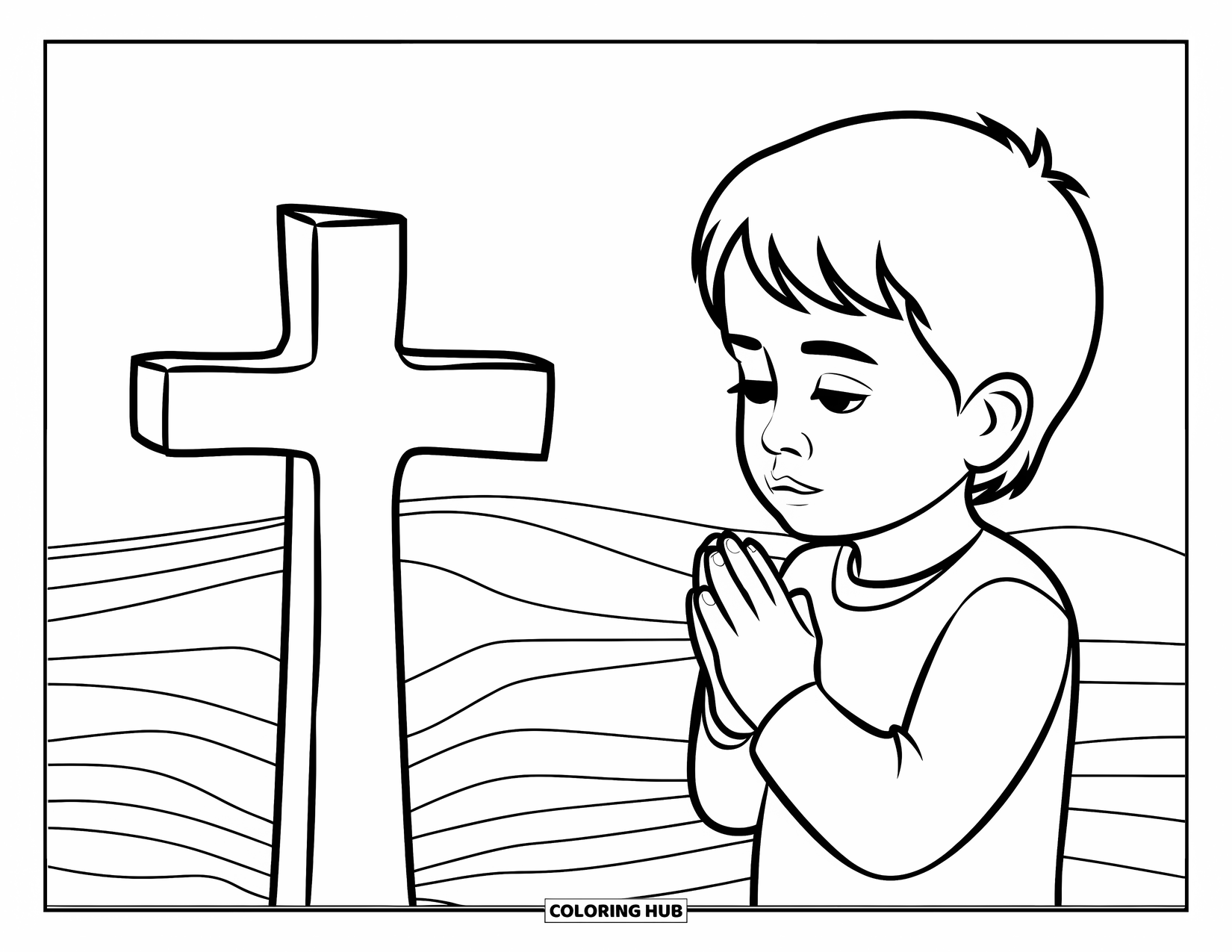 Christian Easter Coloring Page for Kids: A child prays beside a wooden cross on a quiet hill