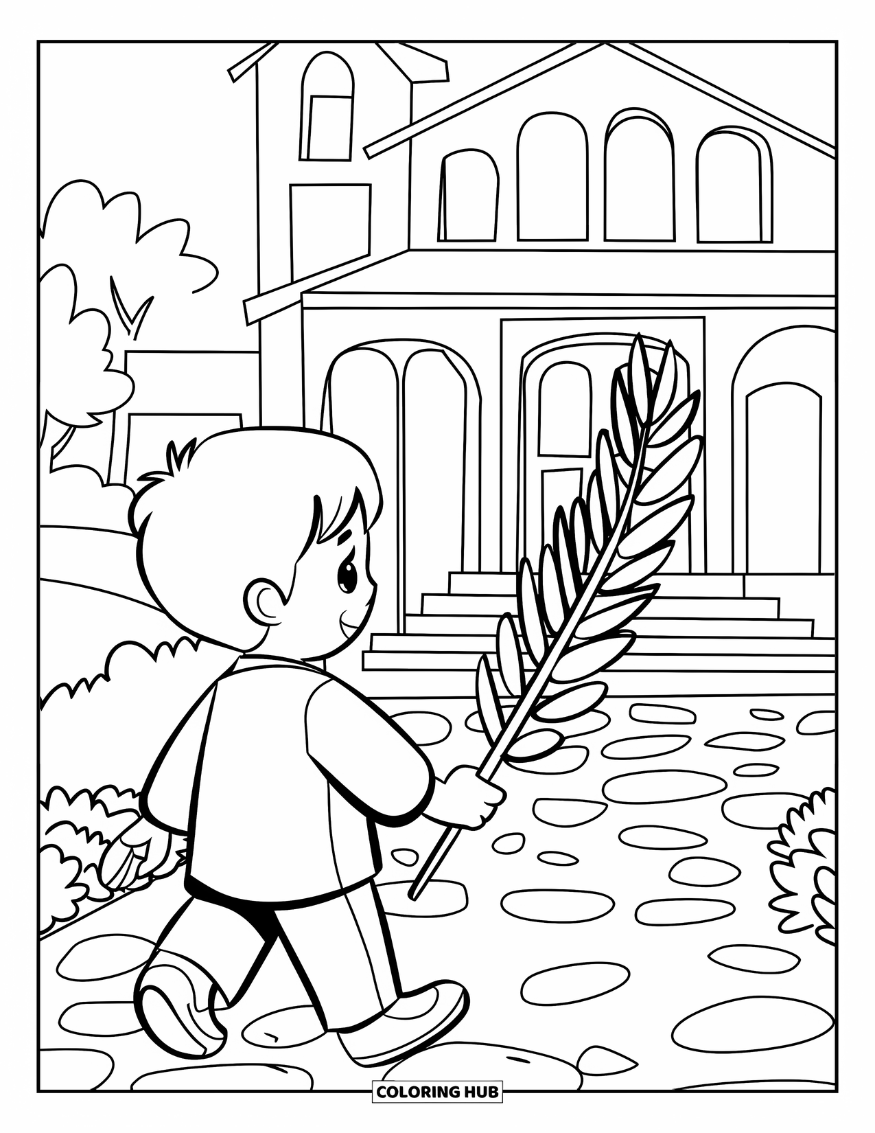 Christian Easter Coloring Page for Kids: A child walks to church with a palm branch in hand