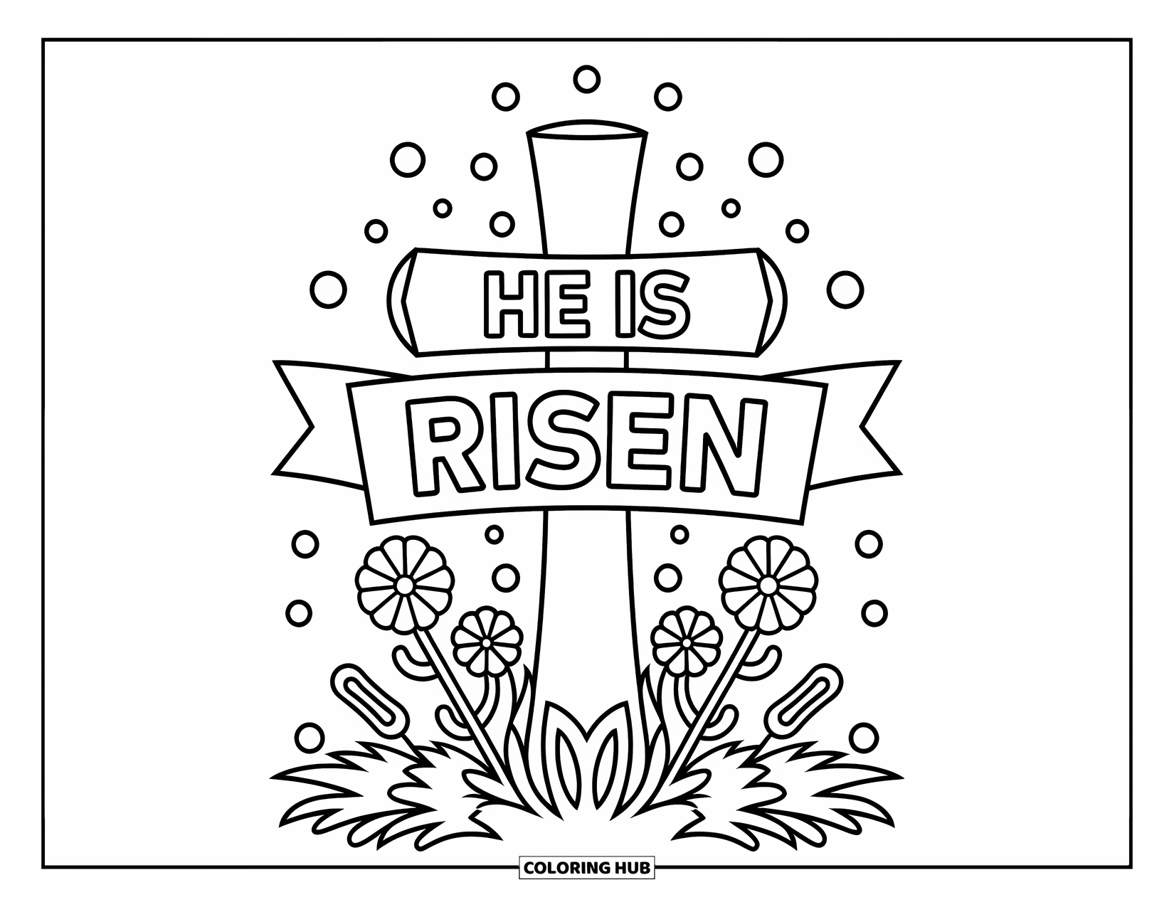 Christian Easter Coloring Page for Kids: A cross with flowers and a banner reads "He is Risen"
