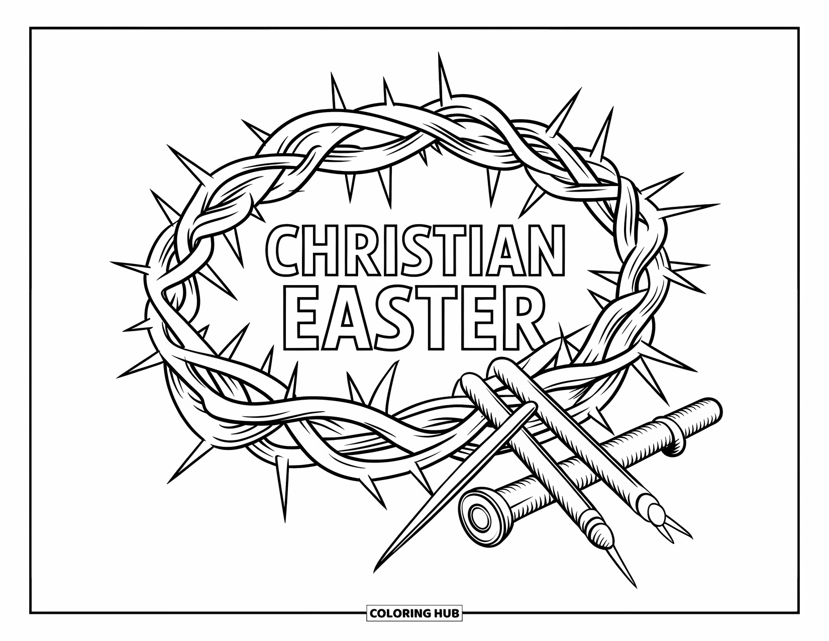 Christian Easter Coloring Page for Kids: A crown of thorns and nails centered beneath "Christian Easter"