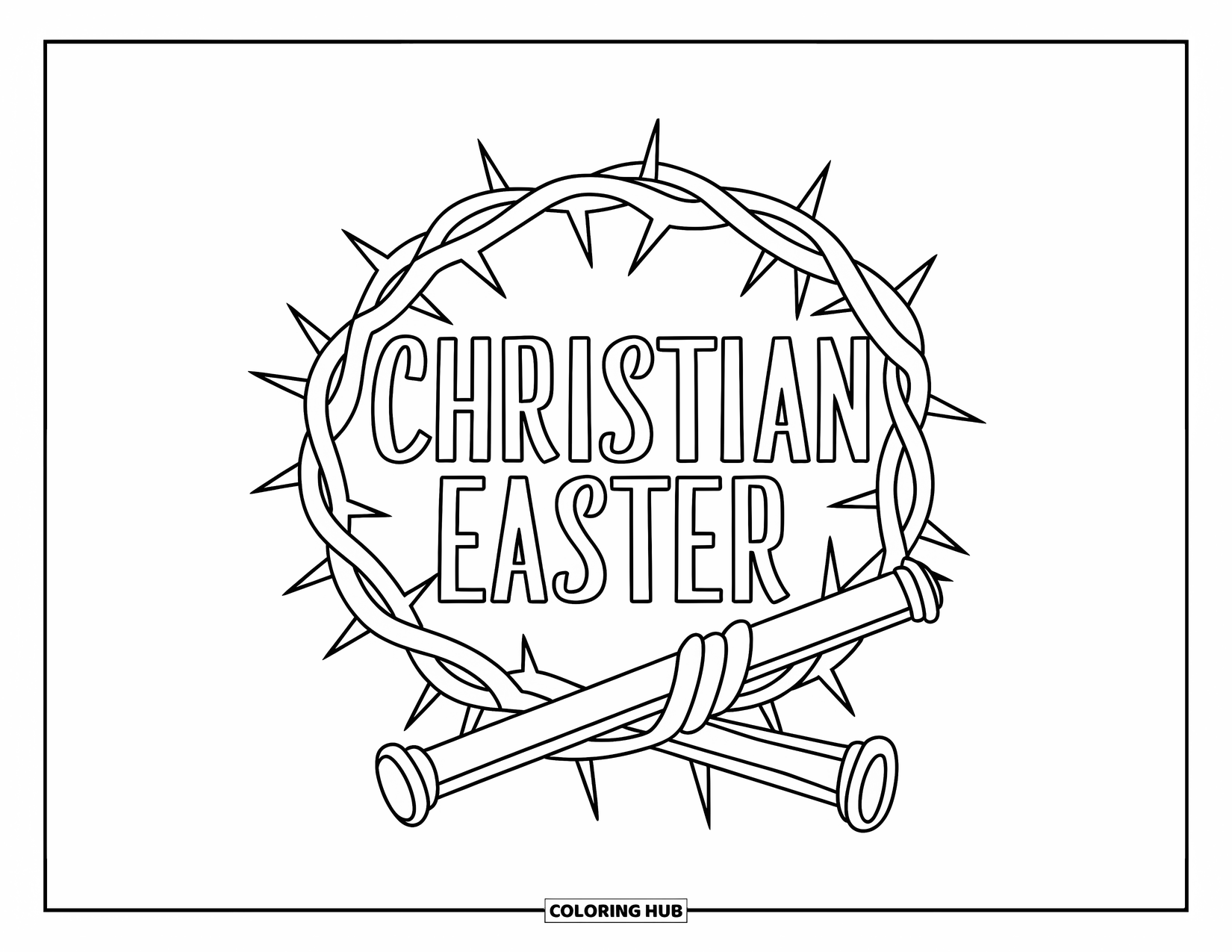 Christian Easter Coloring Page for Kids: A crown of thorns and nails labeled "Christian Easter"