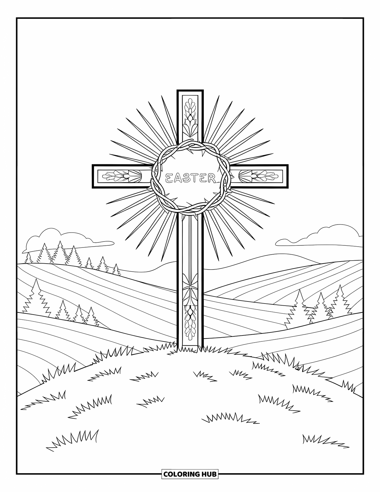 Christian Easter Coloring Page for Kids: A detailed cross with thorns glows brightly on a hillside