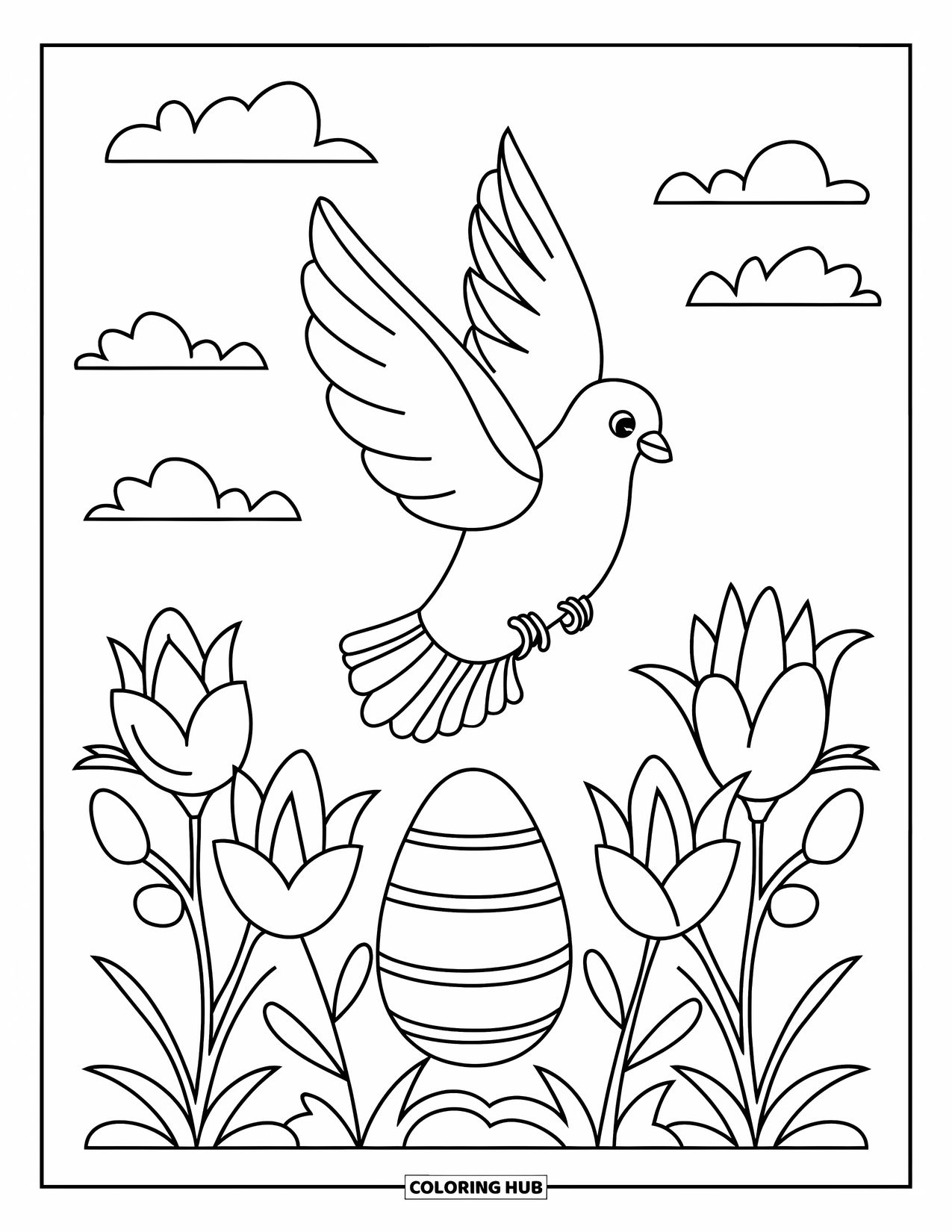 Christian Easter Coloring Page for Kids: A dove flies above lilies surrounded by fluffy clouds