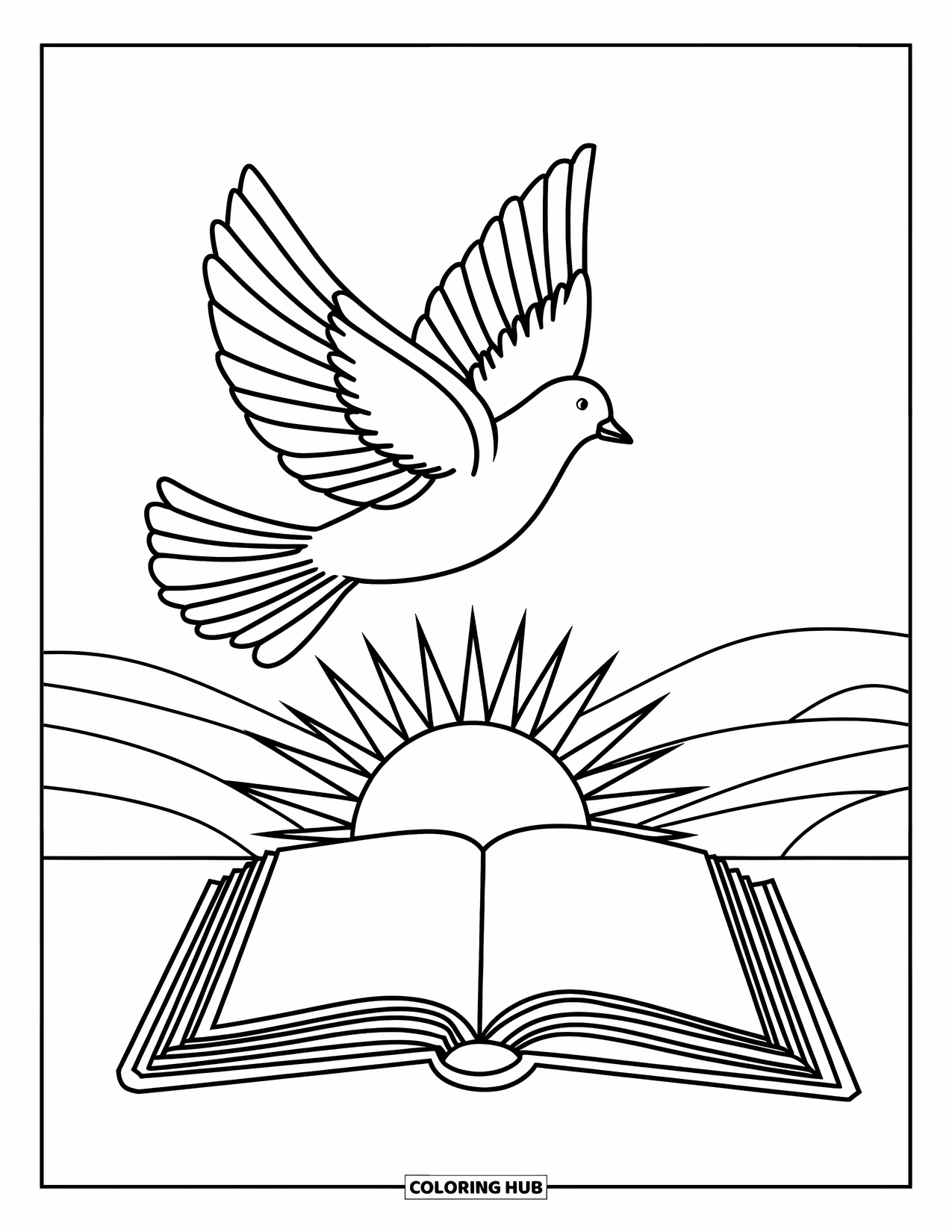 Christian Easter Coloring Page for Kids: A dove flies over a Bible as the sun rises behind