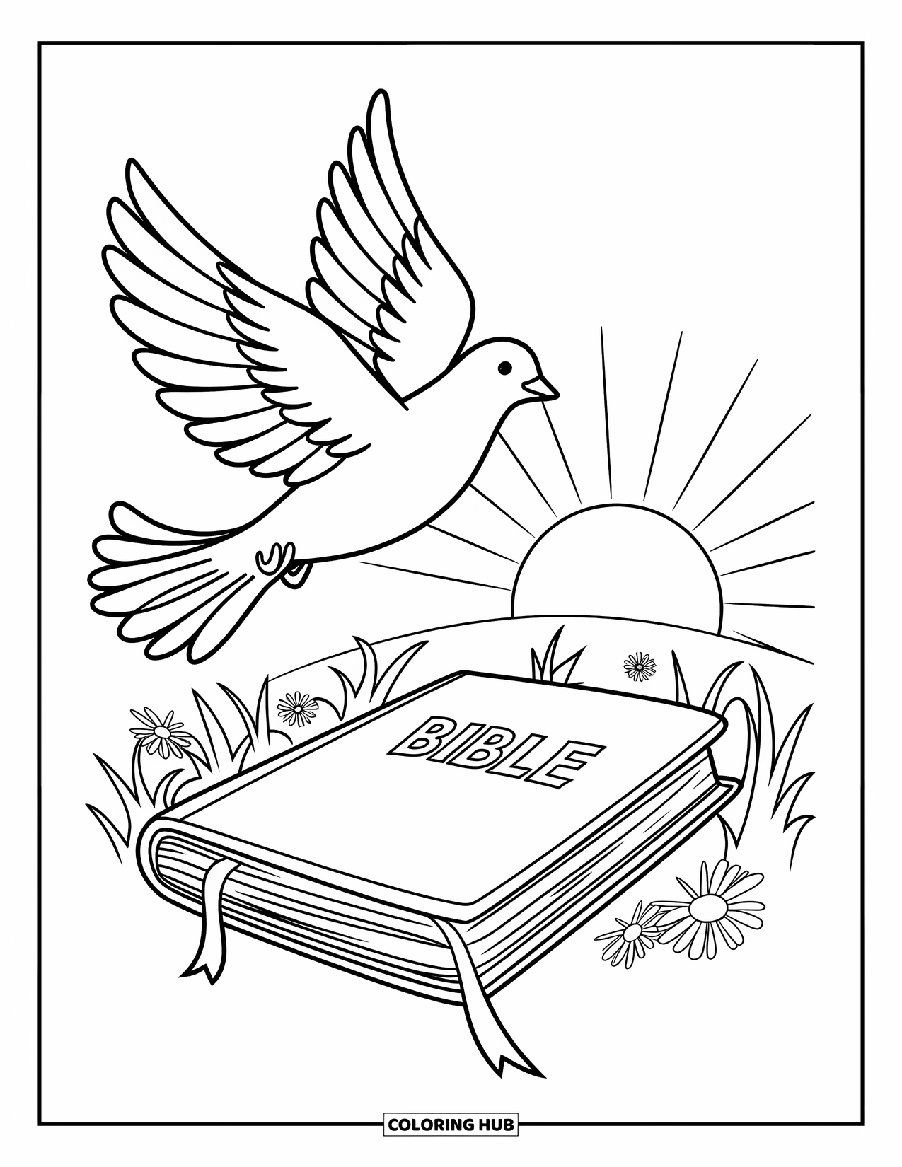 Christian Easter Coloring Page for Kids: A dove soars above a Bible and flowers at sunrise