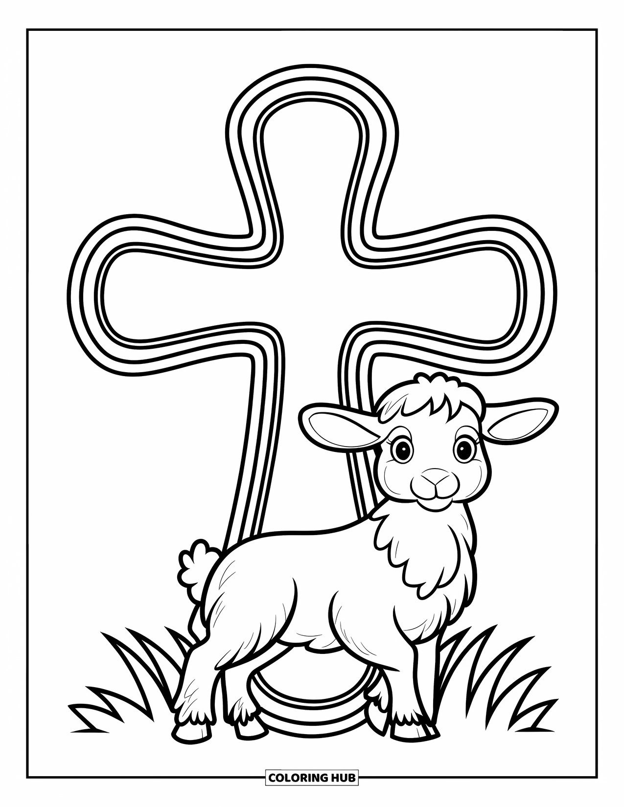 Christian Easter Coloring Page for Kids: A gentle lamb stands near a bold wooden cross