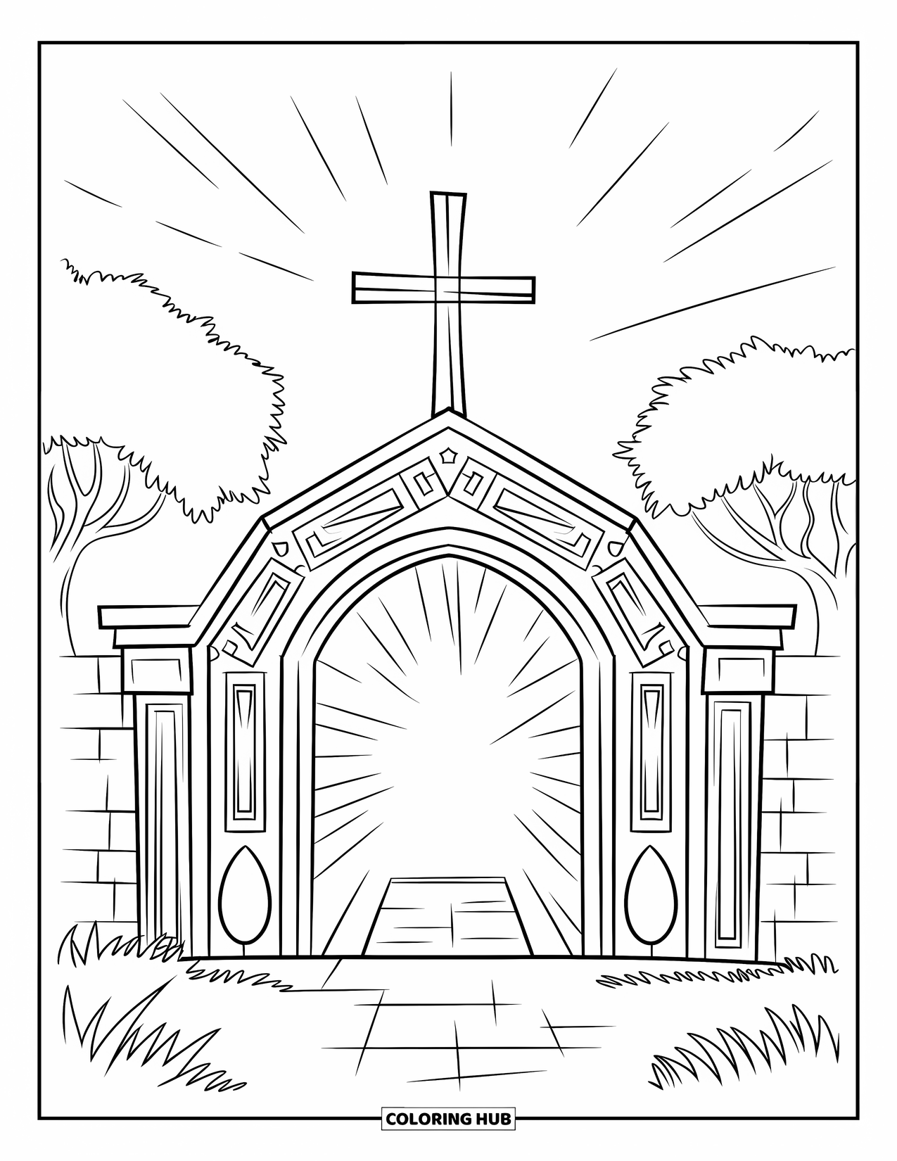Christian Easter Coloring Page for Kids: A glowing tomb entrance surrounded by flowers and trees