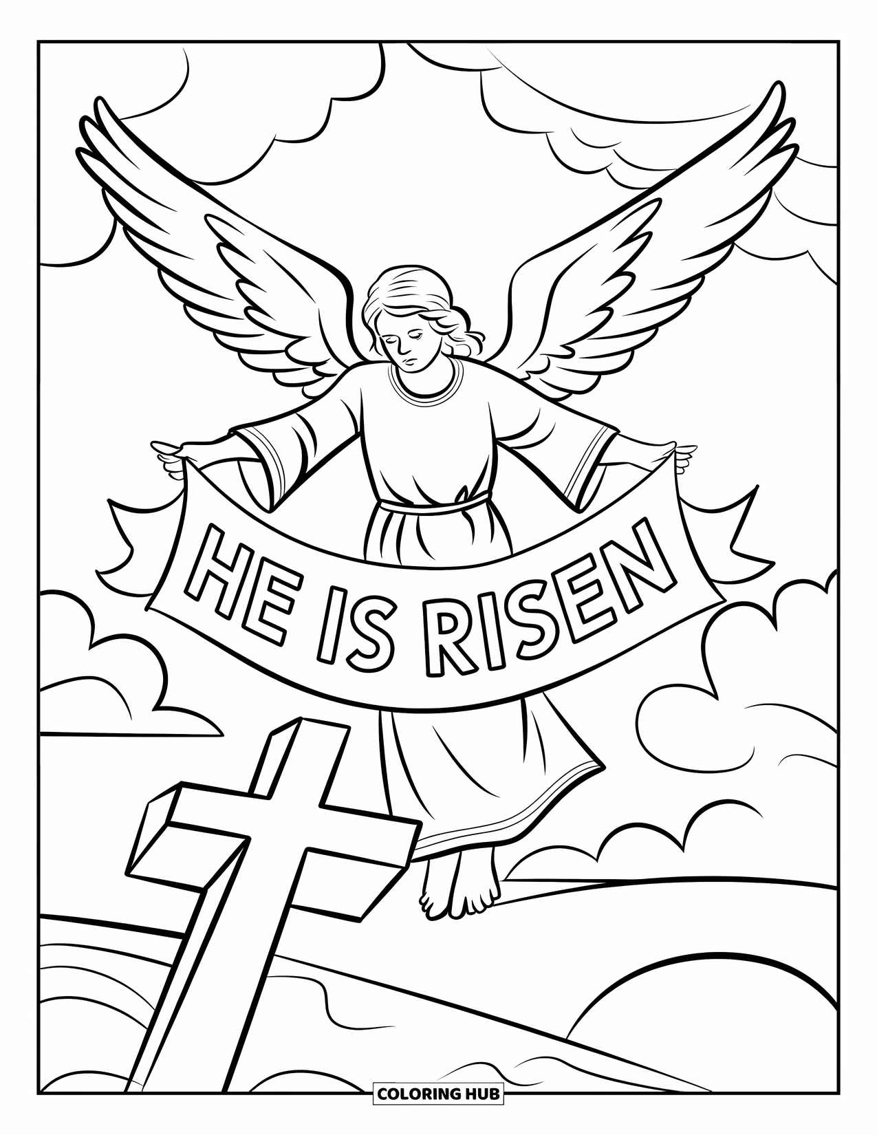 Christian Easter Coloring Page for Kids: A heavenly angel descends with a banner reading "He is Risen"