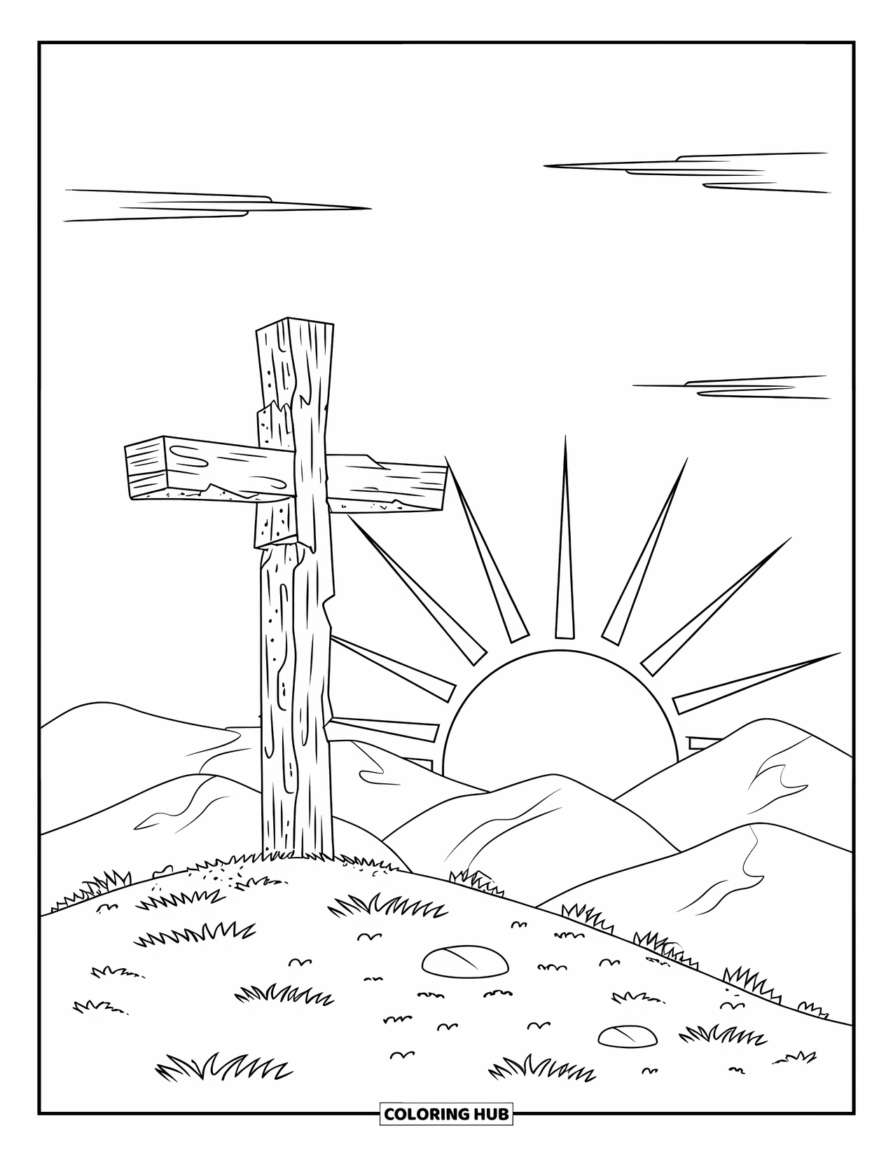 Christian Easter Coloring Page for Kids: A wooden cross stands on a hill under the rising sun