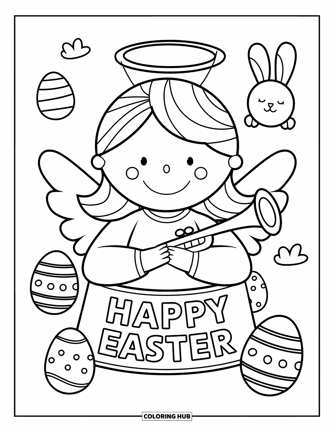 Christian Easter Coloring Page for Kids: An angel smiles while holding a "Happy Easter" banner