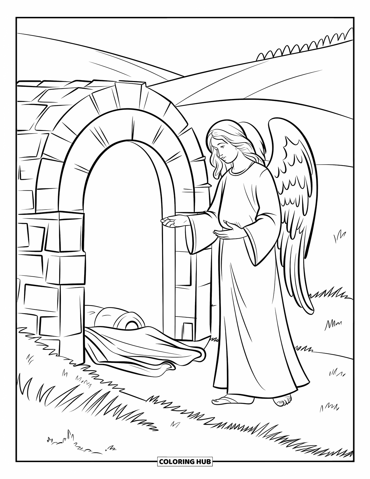 Christian Easter Coloring Page for Kids: An angel stands beside a stone tomb and a rolled linen