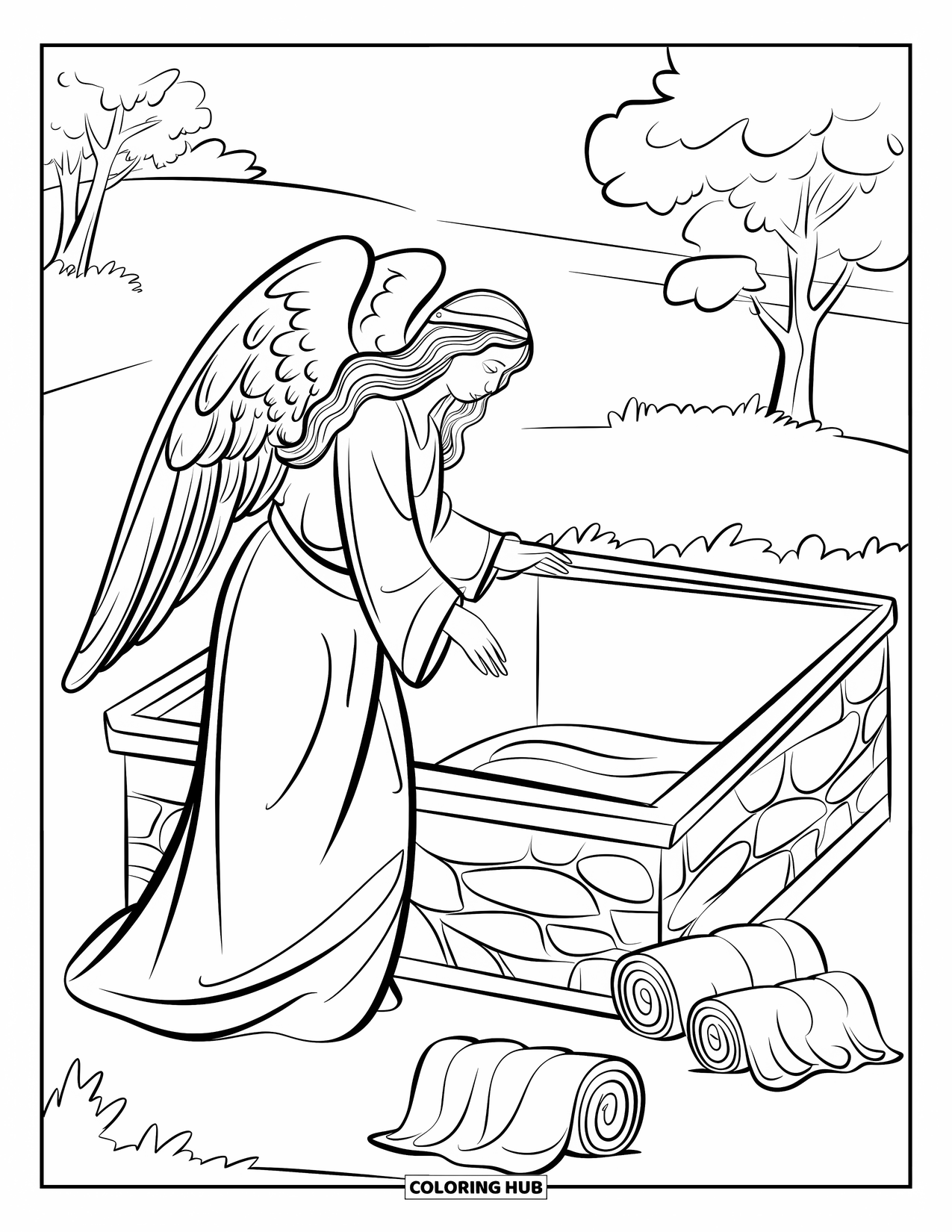 Christian Easter Coloring Page for Kids: An angel stands by an empty tomb with folded linens nearby