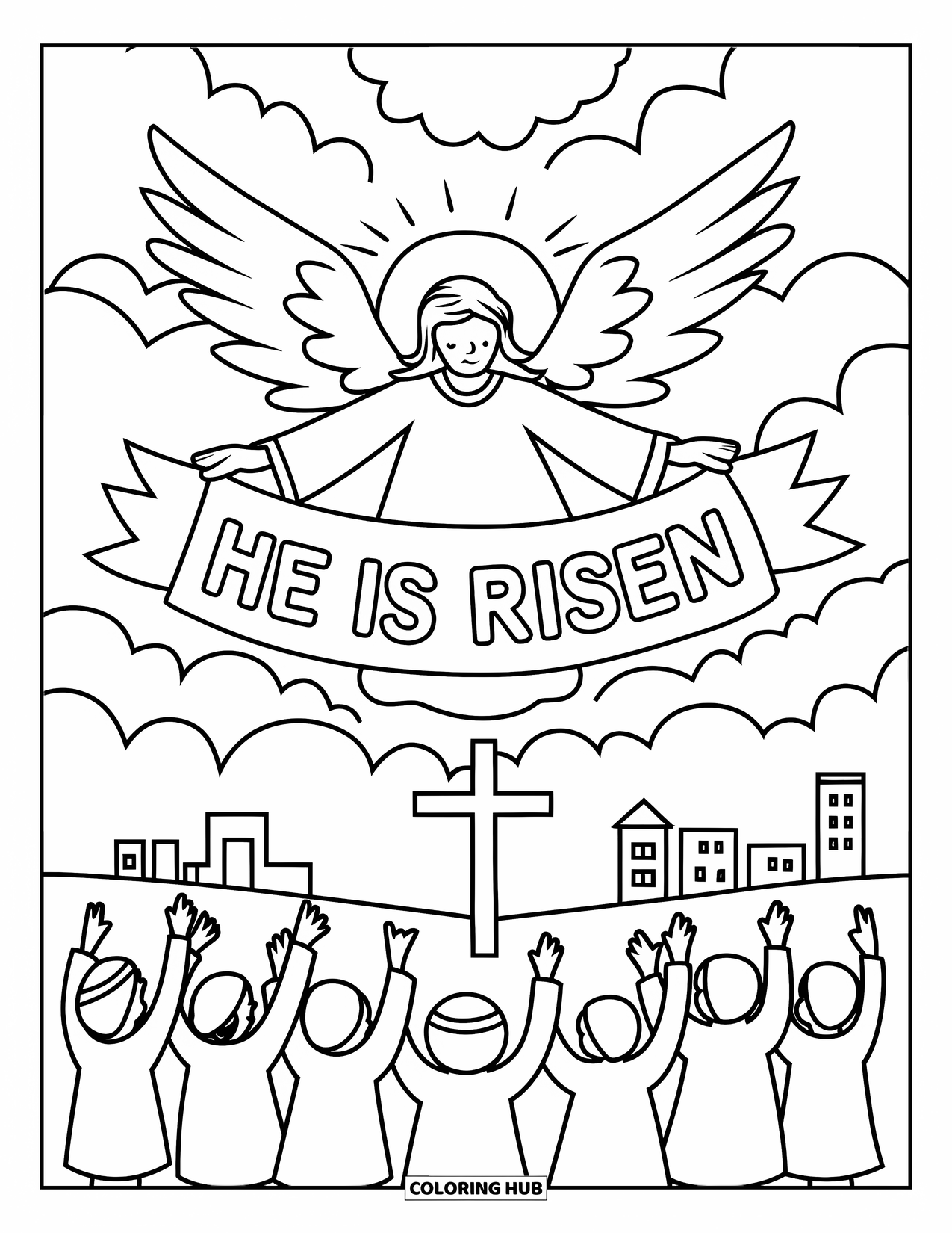 Christian Easter Coloring Page for Kids: An angel with a "He is Risen" banner descends above the crowd