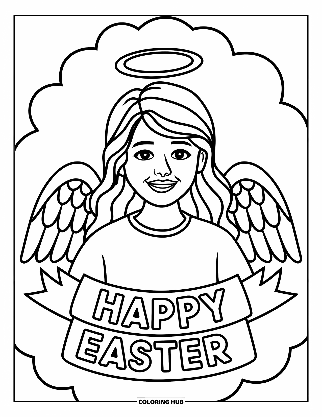 Christian Easter Coloring Page for Kids: An angel with long hair and a banner smiles joyfully