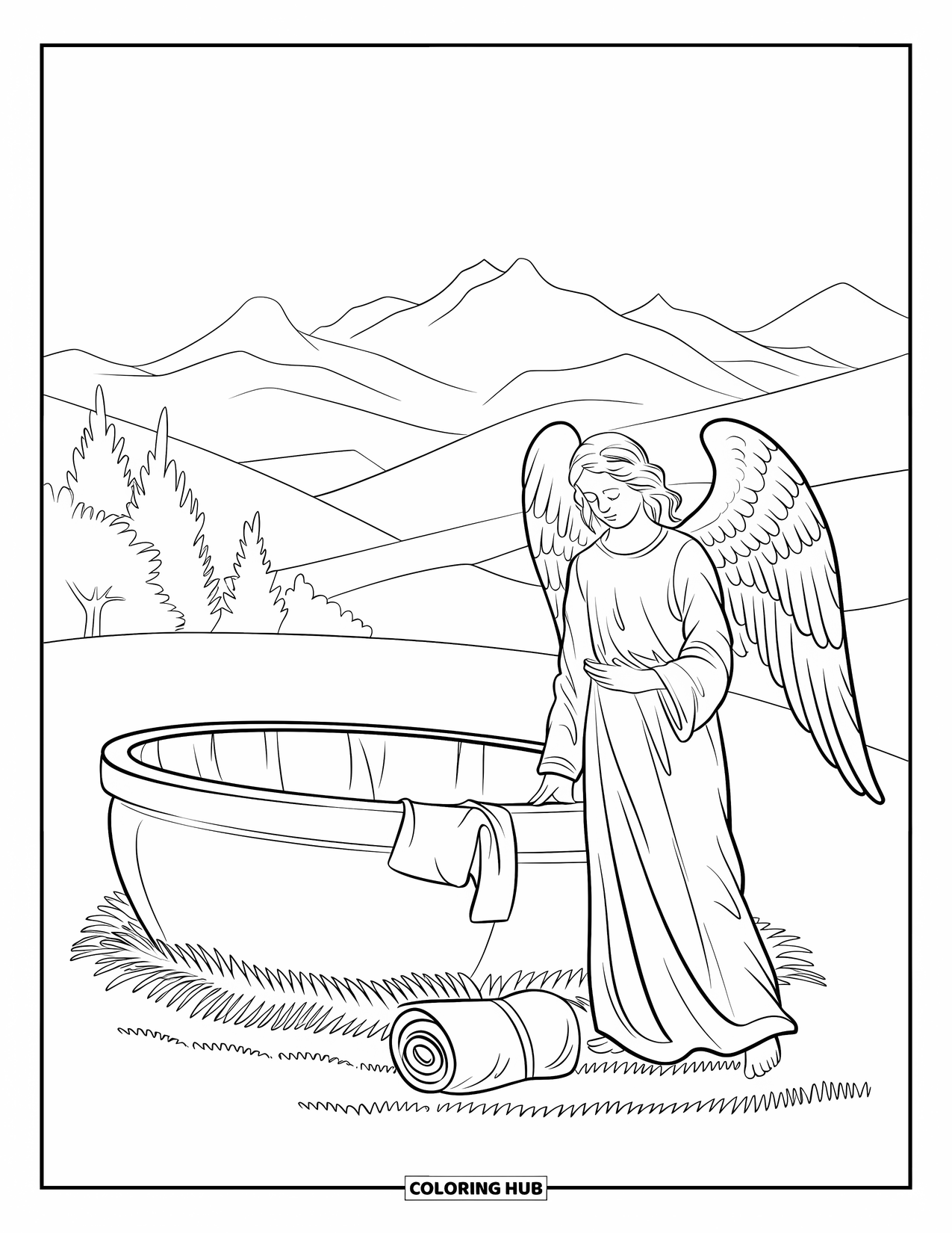 Christian Easter Coloring Page for Kids: An angel with open wings stands beside the empty tomb
