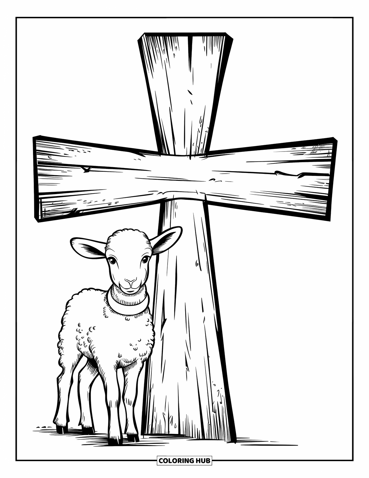 Christian Easter Coloring Page for Kids: An Easter lamb stands beside a large wooden cross