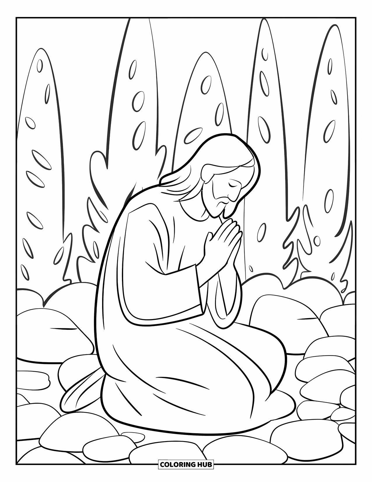 Christian Easter Coloring Page for Kids: Jesus prays alone in the Garden beneath tall trees