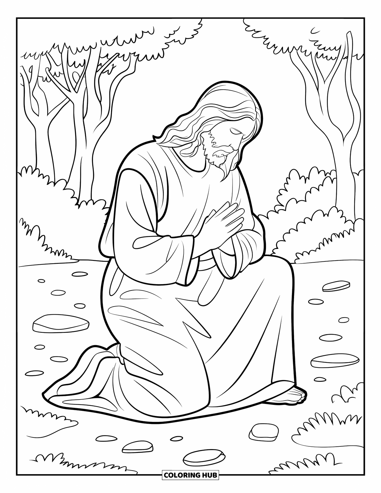 Christian Easter Coloring Page for Kids: Jesus prays quietly beneath olive trees in Gethsemane
