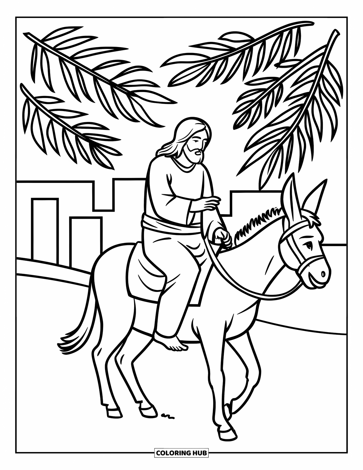 Christian Easter Coloring Page for Kids: Jesus rides a donkey as people wave palm branches