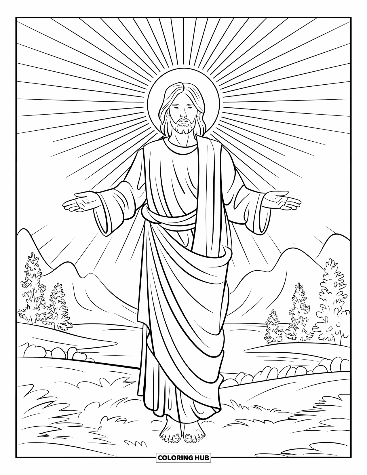 Christian Easter Coloring Page for Kids: Jesus rises in glory among clouds and distant hills