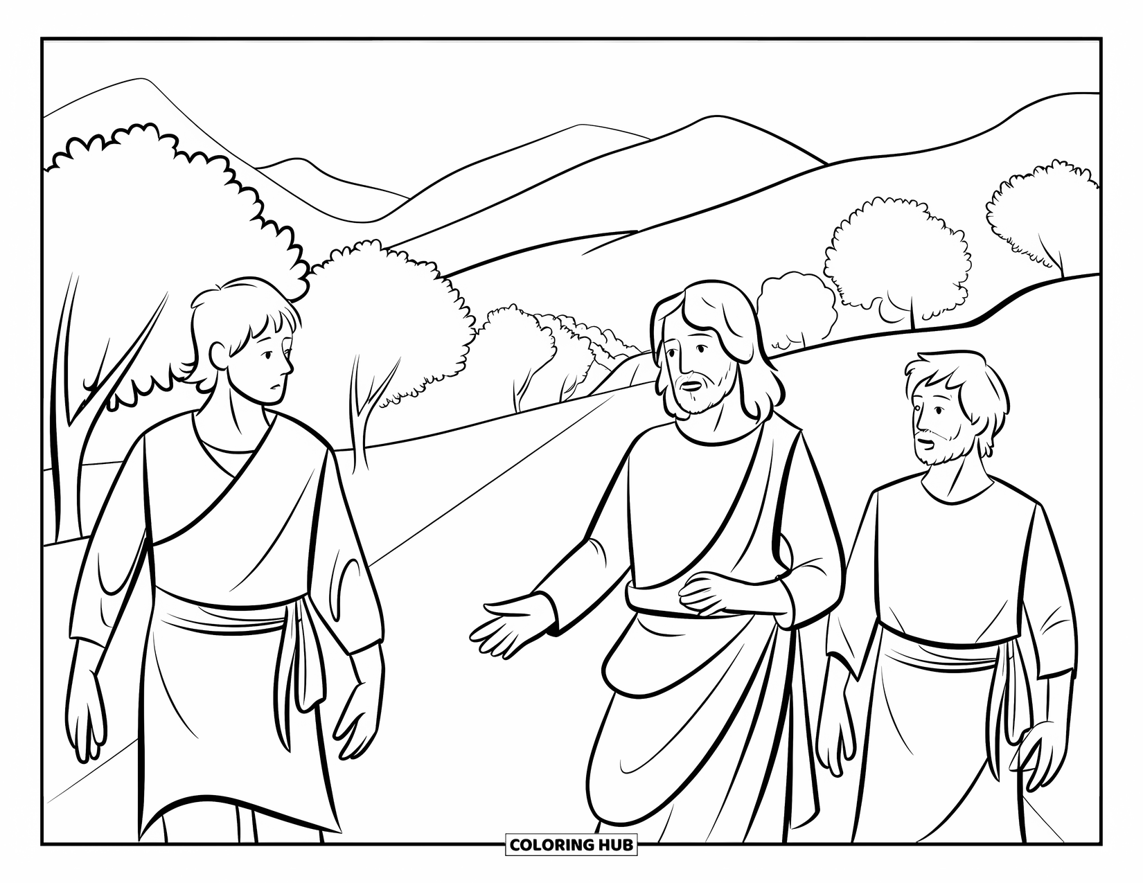 Christian Easter Coloring Page for Kids: Jesus walks with two surprised disciples along a tree-lined path
