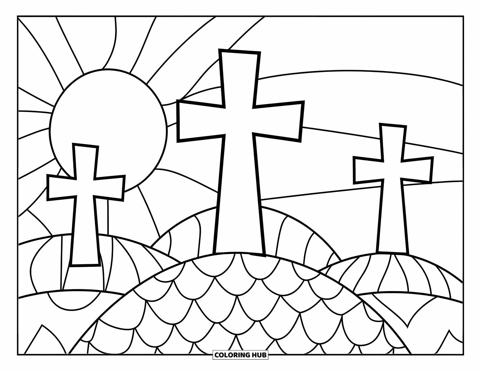 Christian Easter Coloring Page for Kids: Three bold crosses stand on a hill under the rising sun