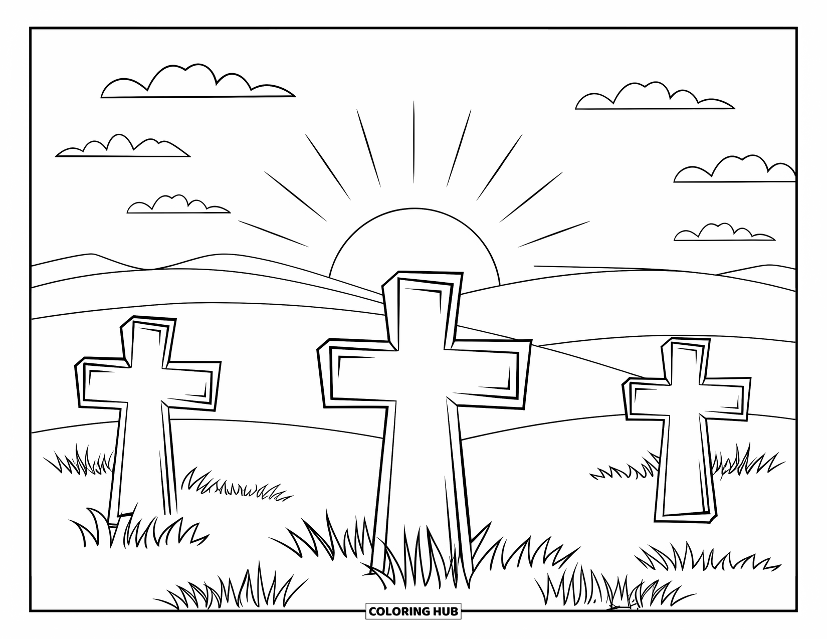 Christian Easter Coloring Page for Kids: Three crosses stand on a hill under a glowing Easter sunrise