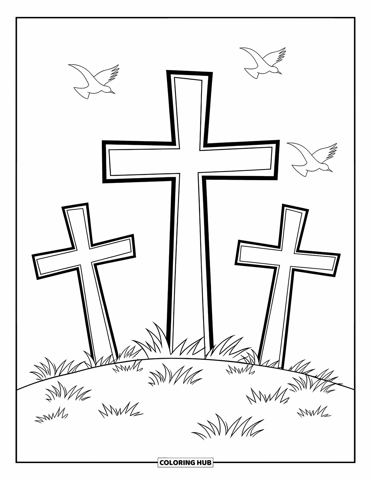 Christian Easter Coloring Page for Kids: Three crosses stand tall as birds soar above