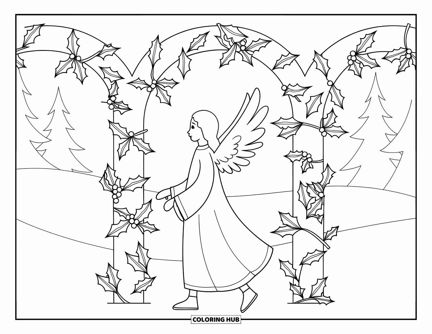 Christmas Angel Coloring Page for Adults: A Christmas angel walks under arches filled with holly and snowy trees