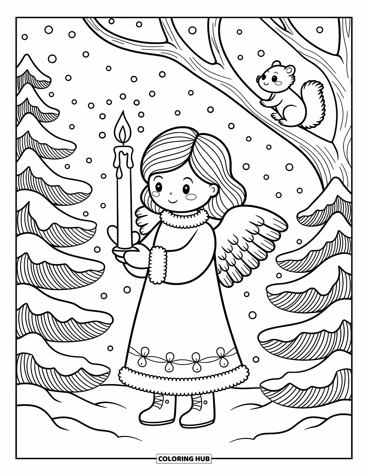 Christmas Angel Coloring Page for Adults: A peaceful angel lights up the forest with her candle as snowflakes drift down