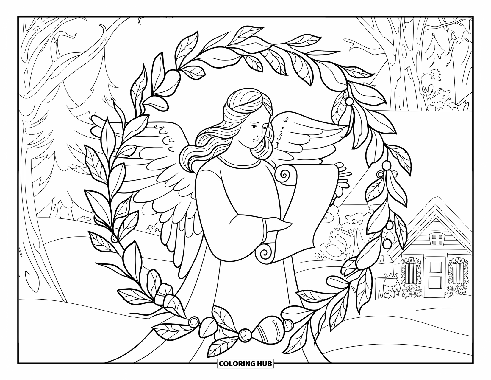 Christmas Angel Coloring Page for Adults: A peaceful angel with a scroll stands inside a wreath near snow-covered trees
