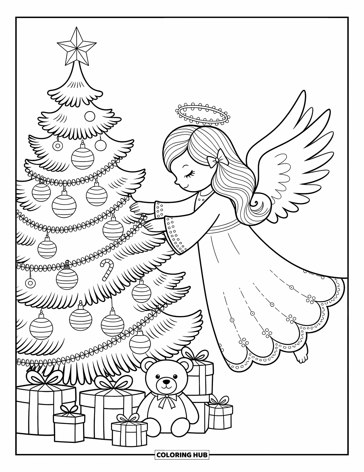 Christmas Angel Coloring Page for Adults: A sweet angel adds a star to a twinkling Christmas tree surrounded by toys