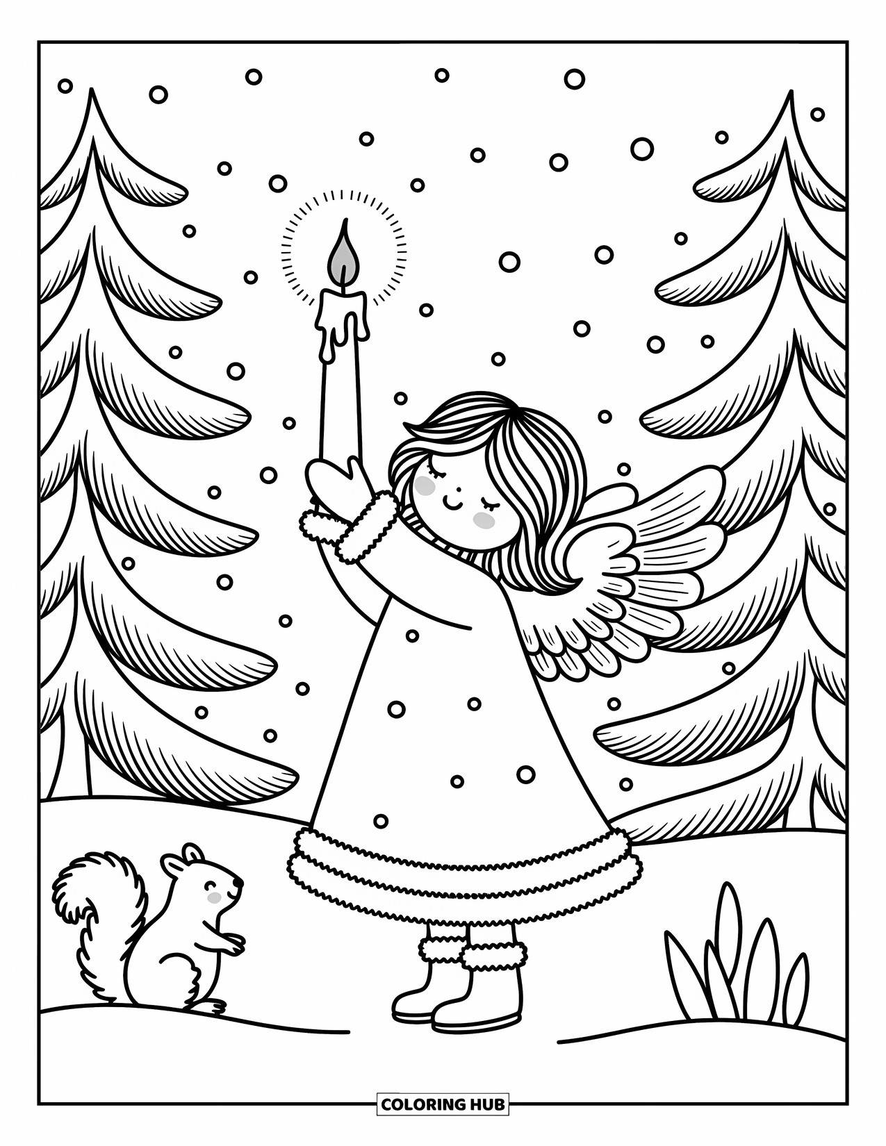 Christmas Angel Coloring Page for Adults: A sweet angel with cozy boots holds a candle while snow falls in a pine forest