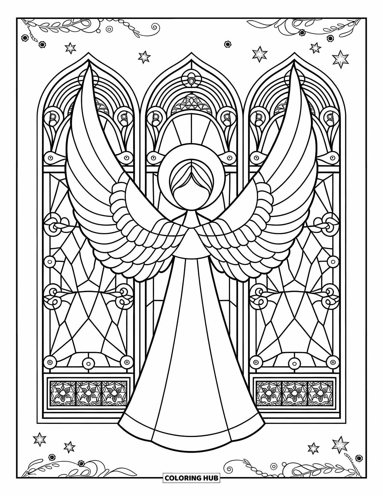Christmas Angel Coloring Page for Adults: A winged angel stands before intricate stained glass windows full of swirls and stars