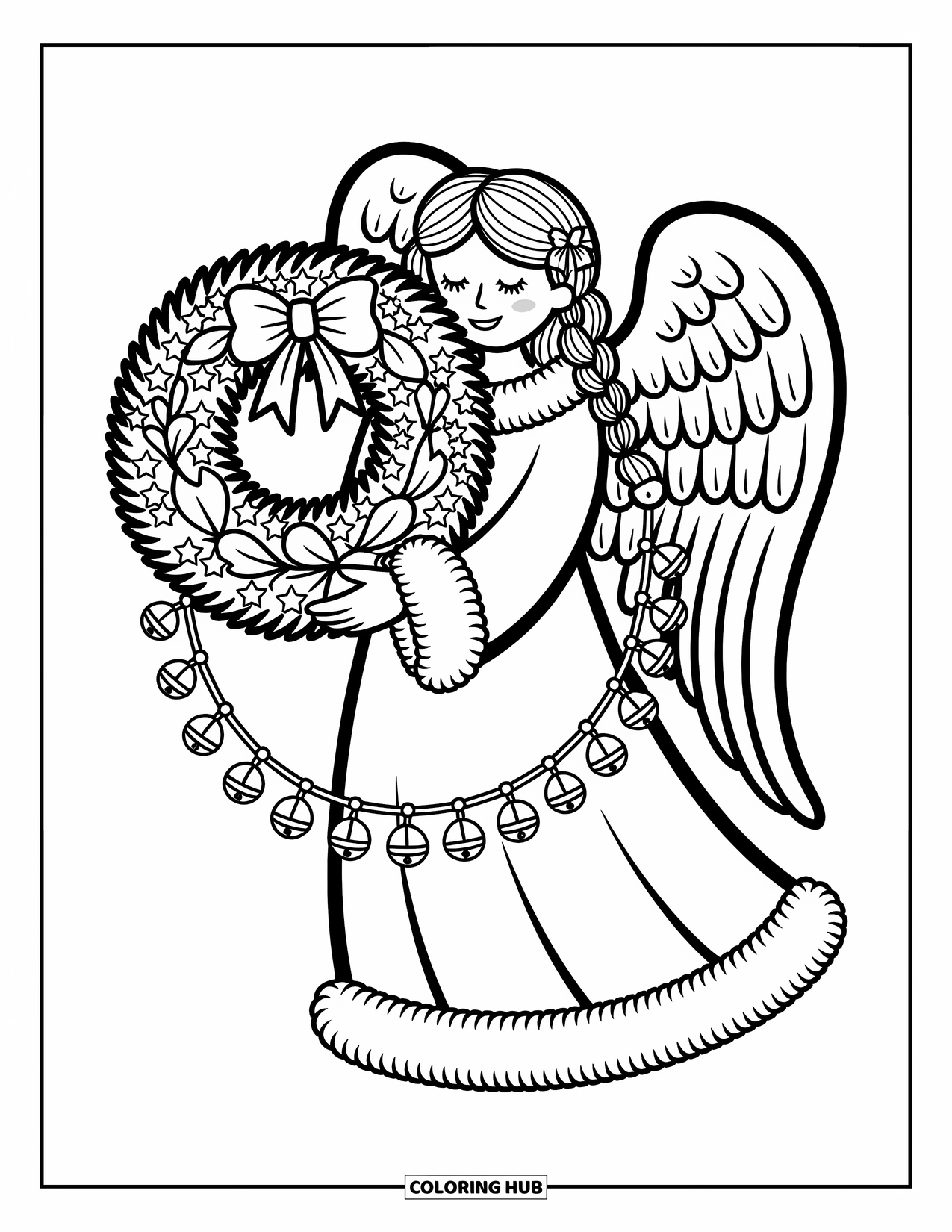 Christmas Angel Coloring Page for Adults: An angel holds a large Christmas wreath with holly, stars, ribbons, and cheerful jingle bells