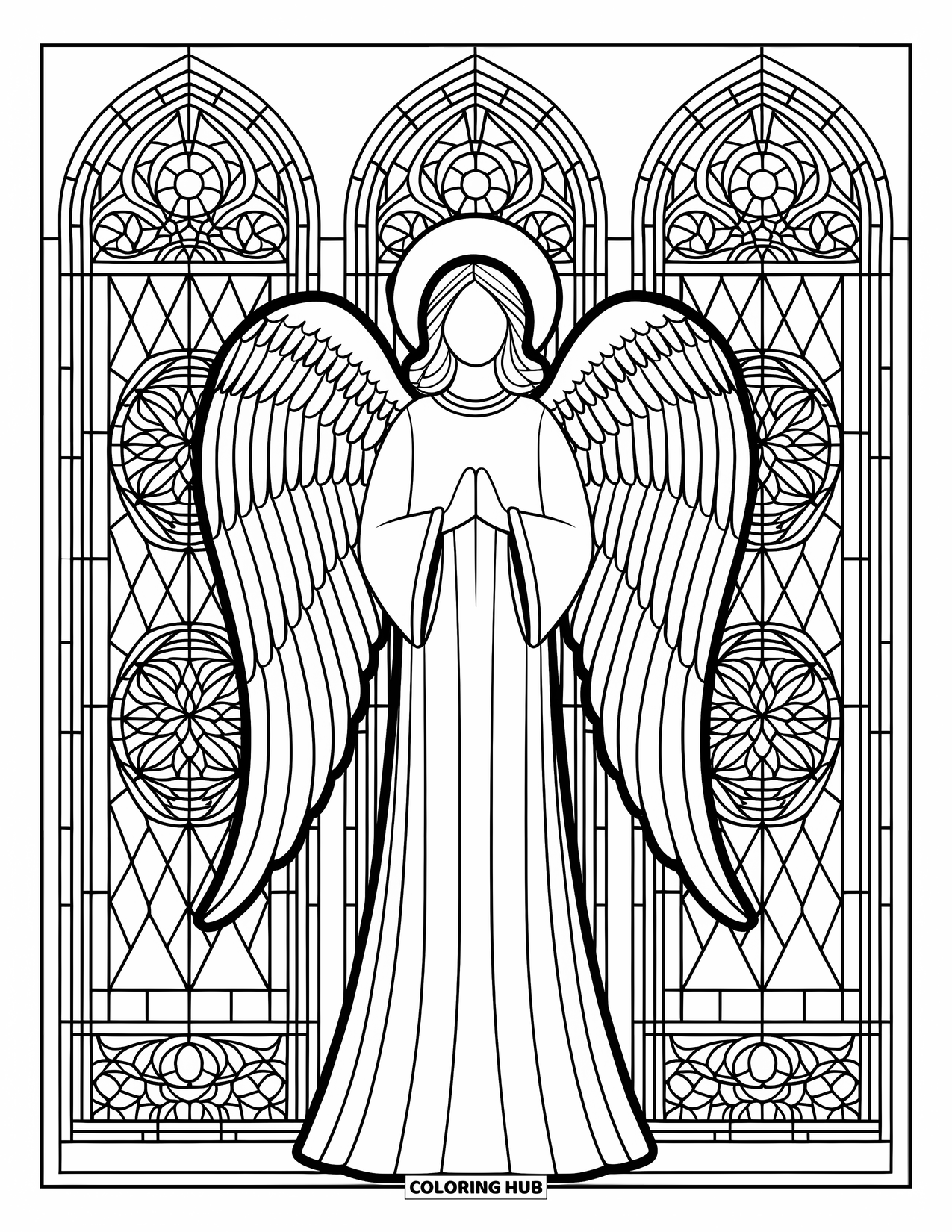 Christmas Angel Coloring Page for Adults: An angel stands before stained glass windows filled with holiday patterns and stars