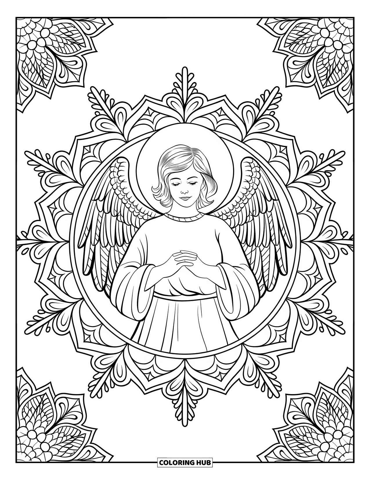 Christmas Angel Coloring Page for Adults: An angel stands in the center of a detailed snowflake mandala