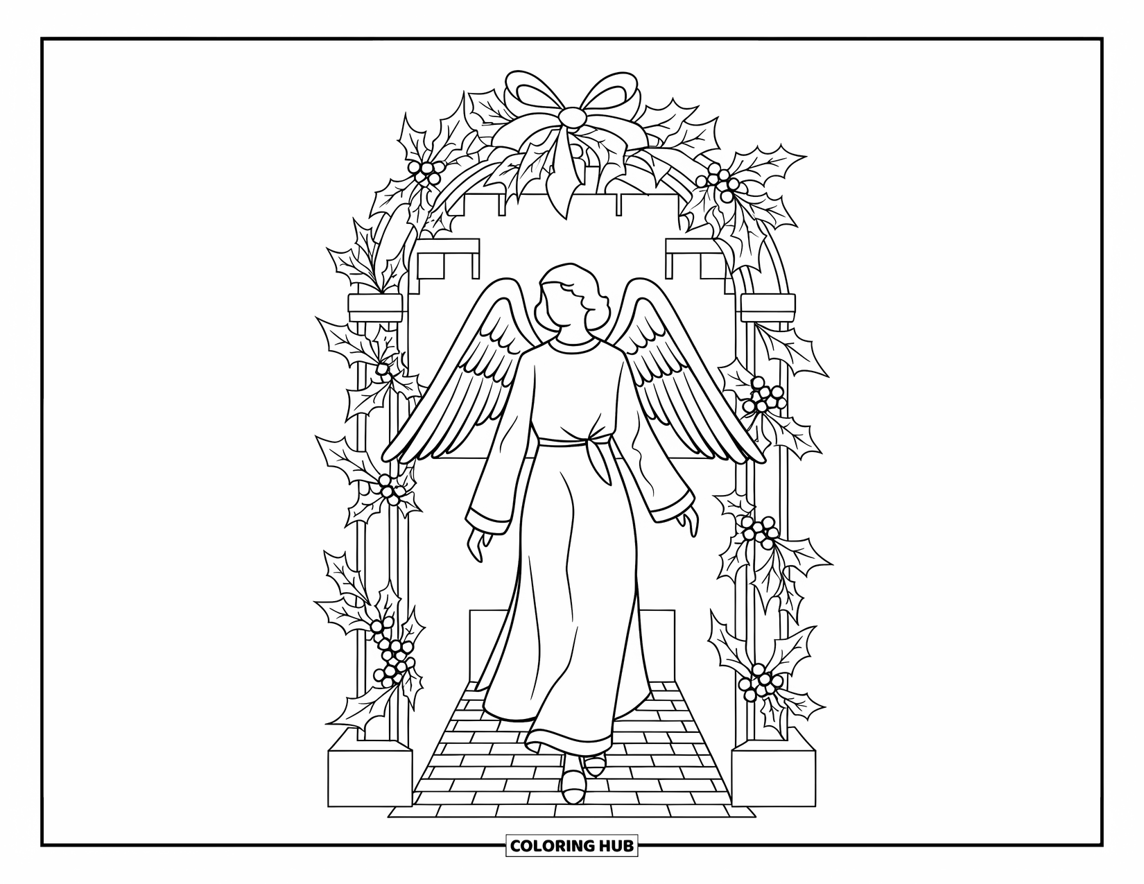 Christmas Angel Coloring Page for Adults: An angel walks under holly arches on a path near a castle